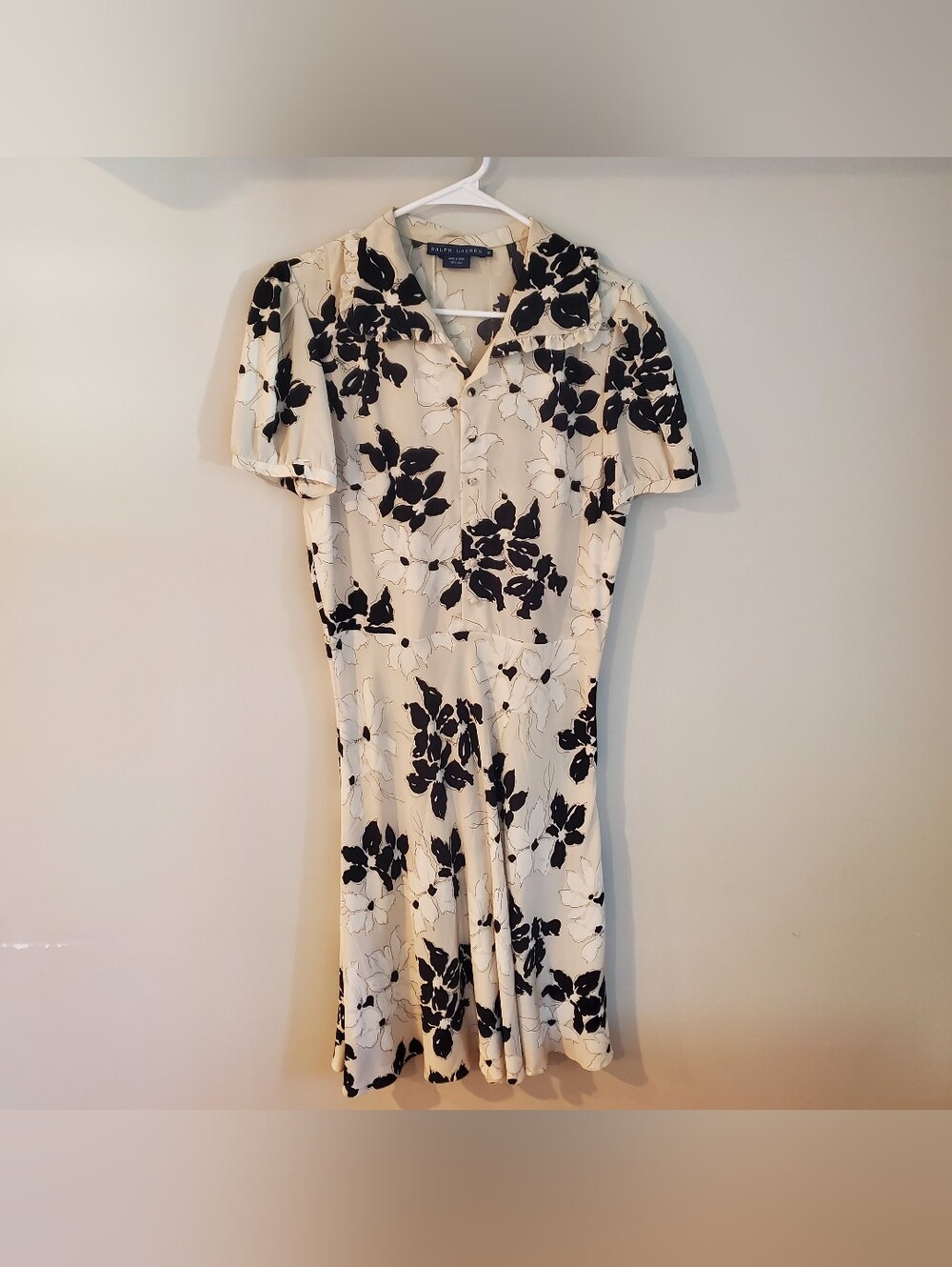 Ralph Lauren Silk Floral Dress Knee Length Ruffle Collar Black/White Size 10